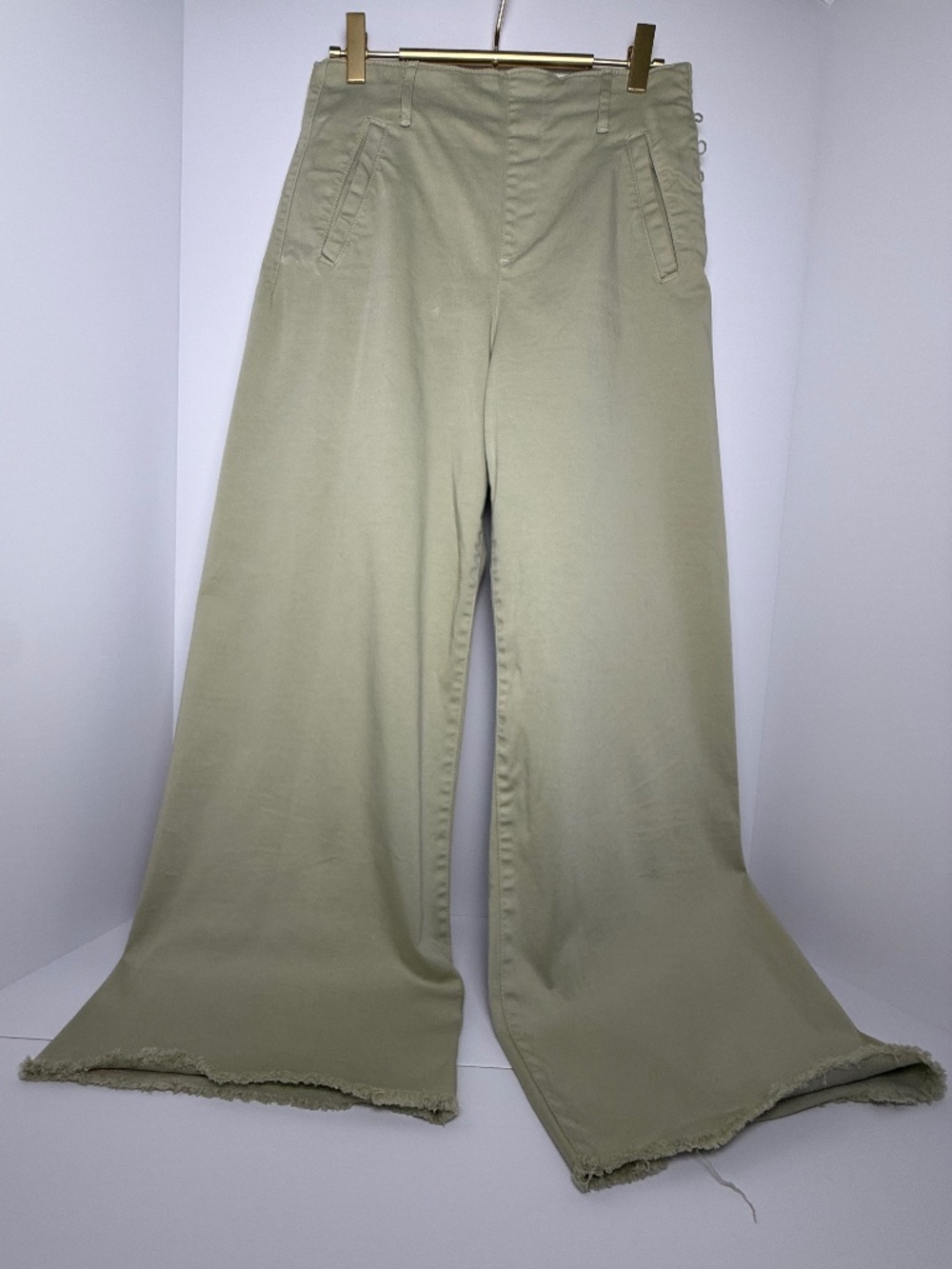 Zara Wide Leg Twill Pants with Slight Stretch, Side Buttons & Cut Bottoms